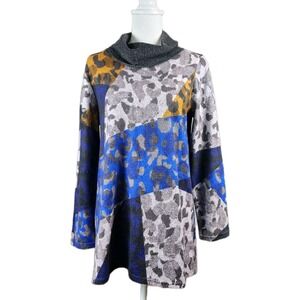 Trisha Tyler Turtleneck Tunic Sweater Womens Medium Gray Blue Leopard Stretch